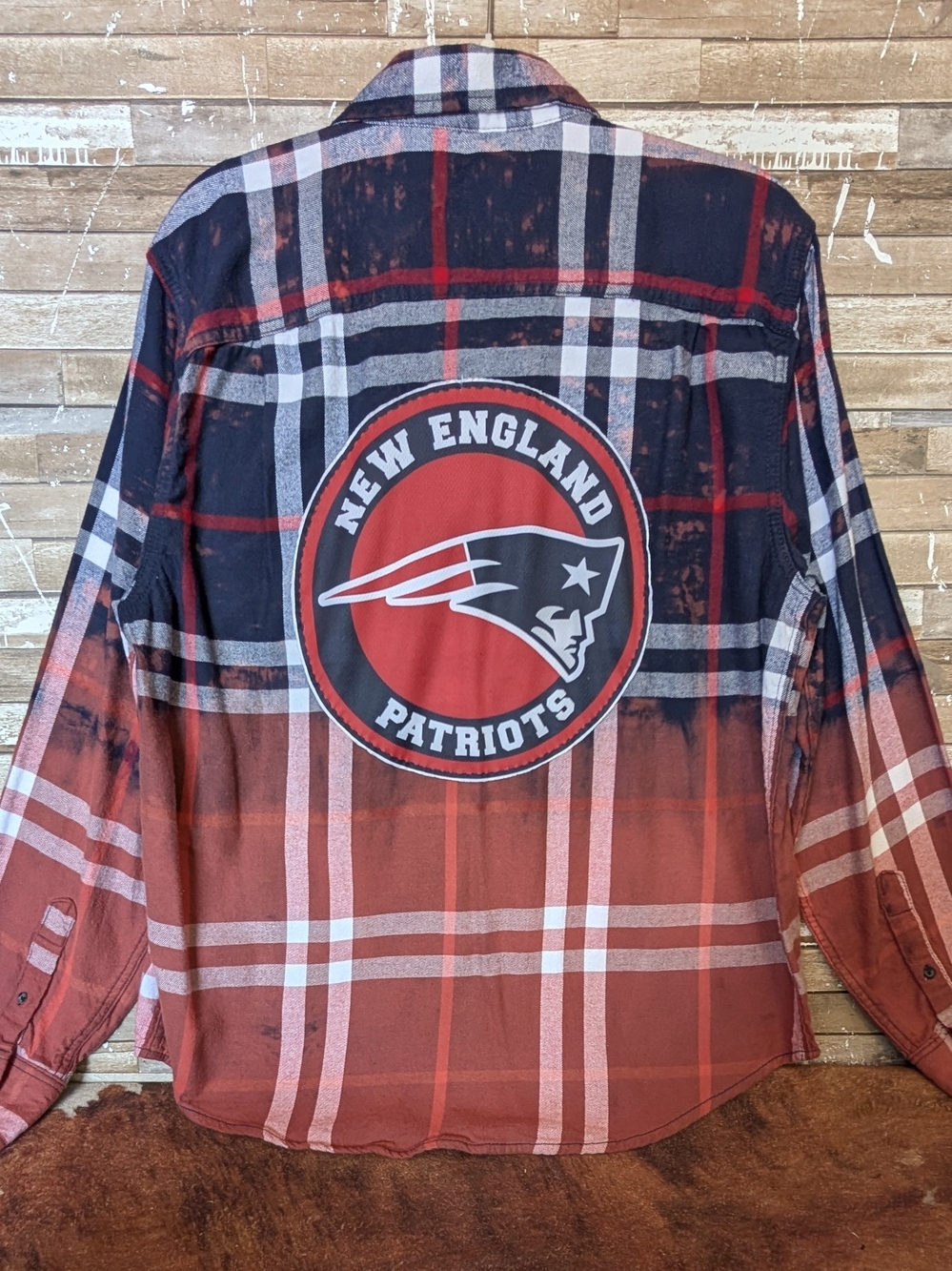 New England Patriots Upcycled Dip Dyed Bleached Flannel Shirt